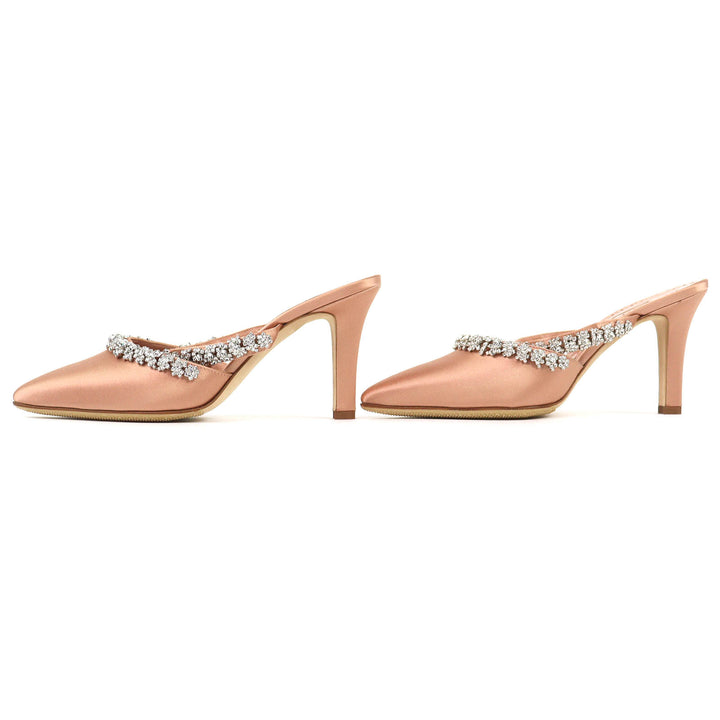 Excellent MANOLO BLAHNIK Mule VEDADAMU Crystal jewel trim pointed toe satin 37.5