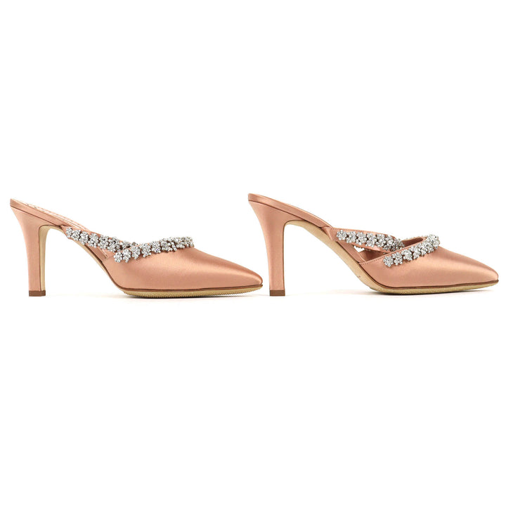 Excellent MANOLO BLAHNIK Mule VEDADAMU Crystal jewel trim pointed toe satin 37.5
