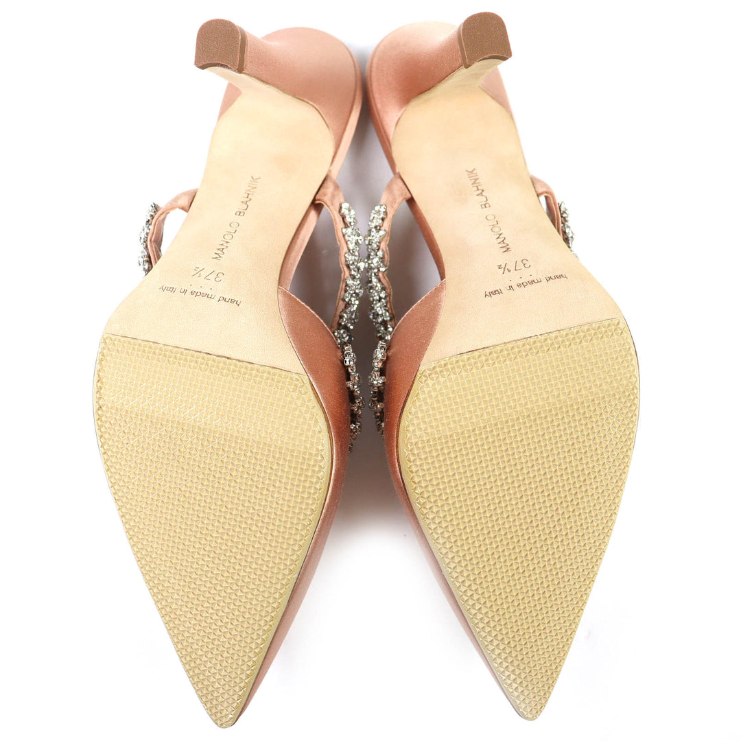 Excellent MANOLO BLAHNIK Mule VEDADAMU Crystal jewel trim pointed toe satin 37.5