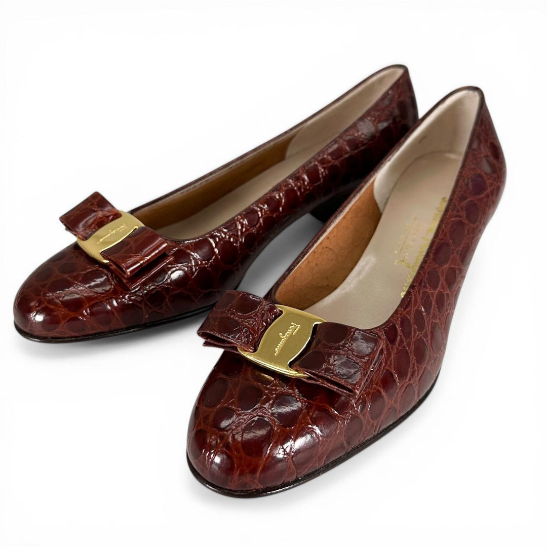 Pristine Salvatore Ferragamo pumps VARA Croco embossed Brown Women 7.5