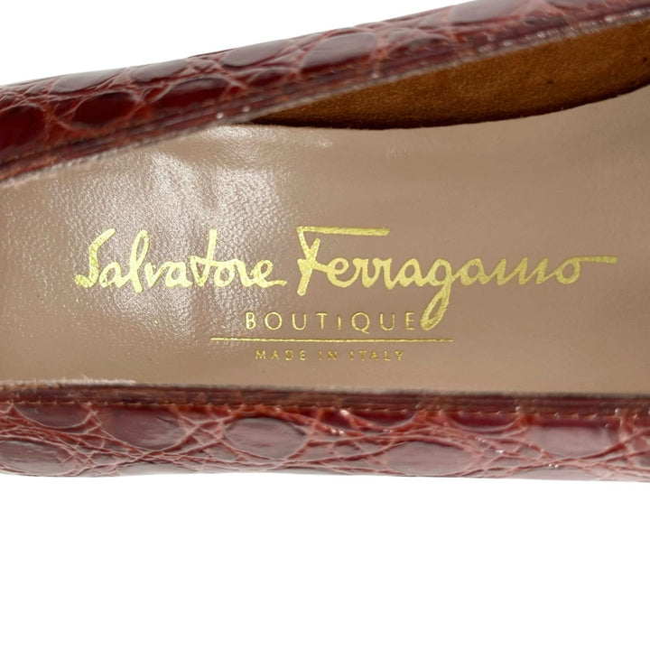 Pristine Salvatore Ferragamo pumps VARA Croco embossed Brown Women 7.5