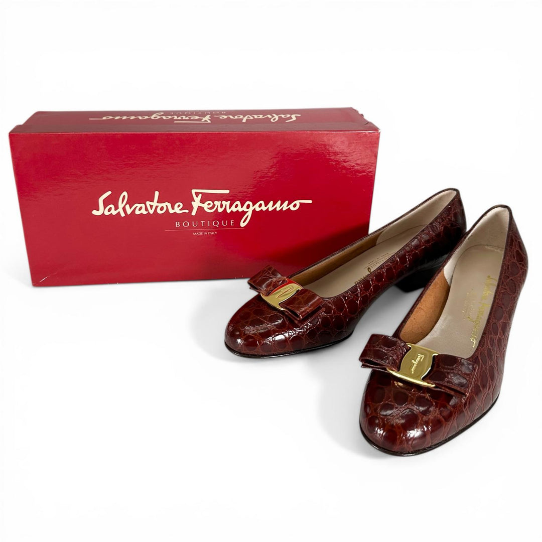Pristine Salvatore Ferragamo pumps VARA Croco embossed Brown Women 7.5