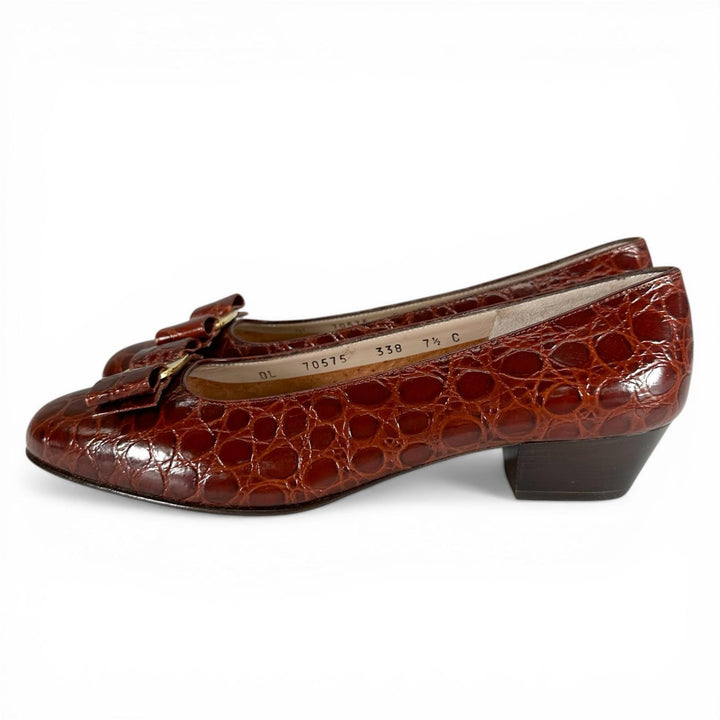 Pristine Salvatore Ferragamo pumps VARA Croco embossed Brown Women 7.5