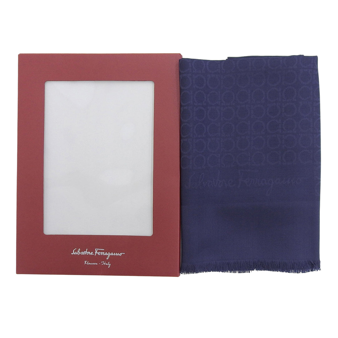 Excellent Salvatore Ferragamo scarf GanciniPattern Navy silk Women
