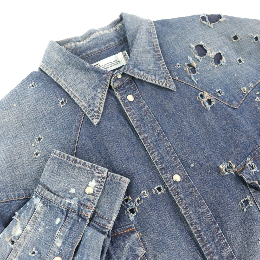 Pristine DAIRIKU Denim Western Overshirt Damage processing Indigo blue cotton 44
