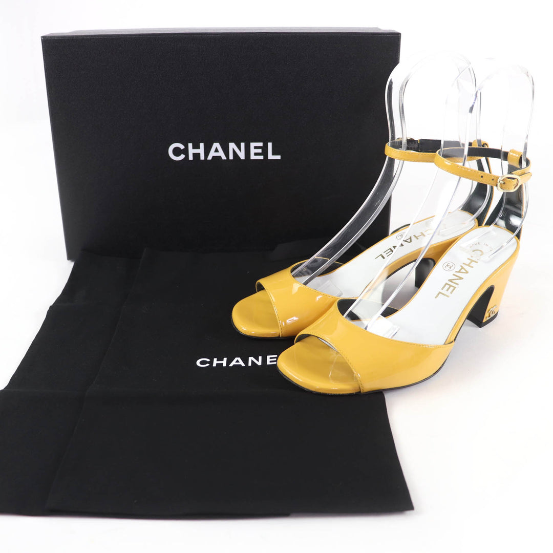 Excellent CHANEL Sandals COCO Mark Ankle Strap Patent Leather yellow 35 G45055