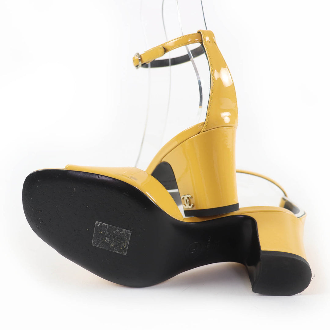 Excellent CHANEL Sandals COCO Mark Ankle Strap Patent Leather yellow 35 G45055