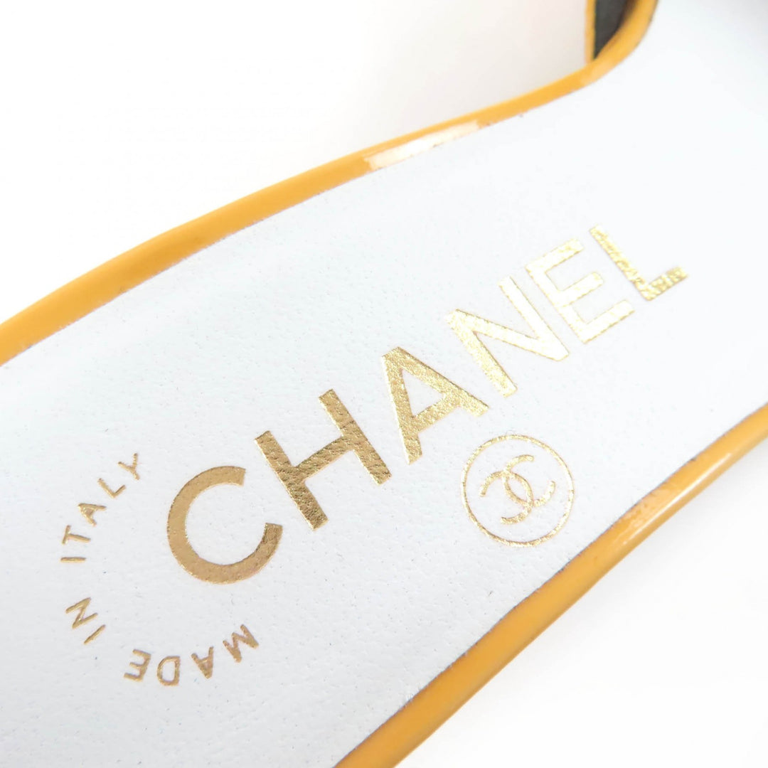 Excellent CHANEL Sandals COCO Mark Ankle Strap Patent Leather yellow 35 G45055