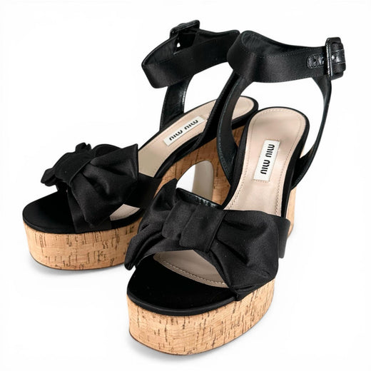 Excellent MIUMIU Sandals Ribbon design, cork sole, ankle strap black Women 35.5