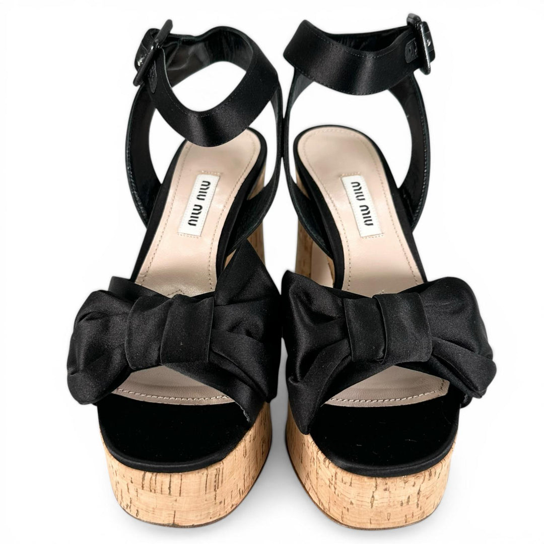 Excellent MIUMIU Sandals Ribbon design, cork sole, ankle strap black Women 35.5