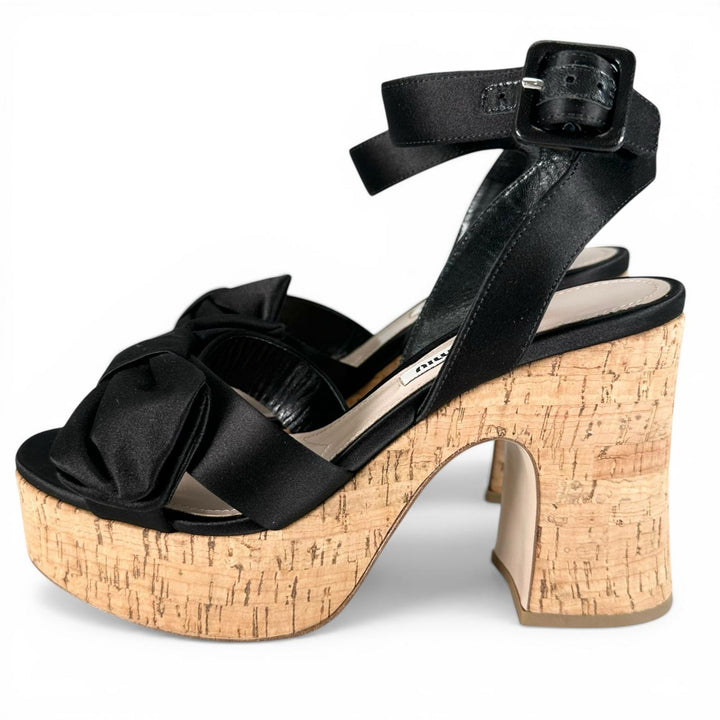 Excellent MIUMIU Sandals Ribbon design, cork sole, ankle strap black Women 35.5