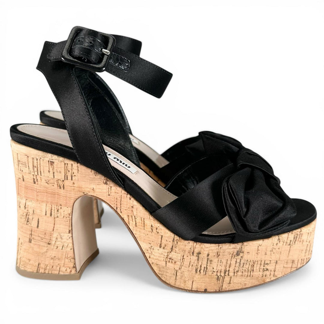 Excellent MIUMIU Sandals Ribbon design, cork sole, ankle strap black Women 35.5