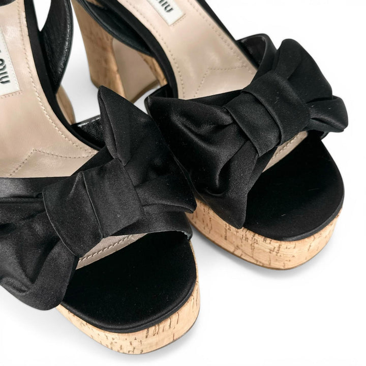 Excellent MIUMIU Sandals Ribbon design, cork sole, ankle strap black Women 35.5