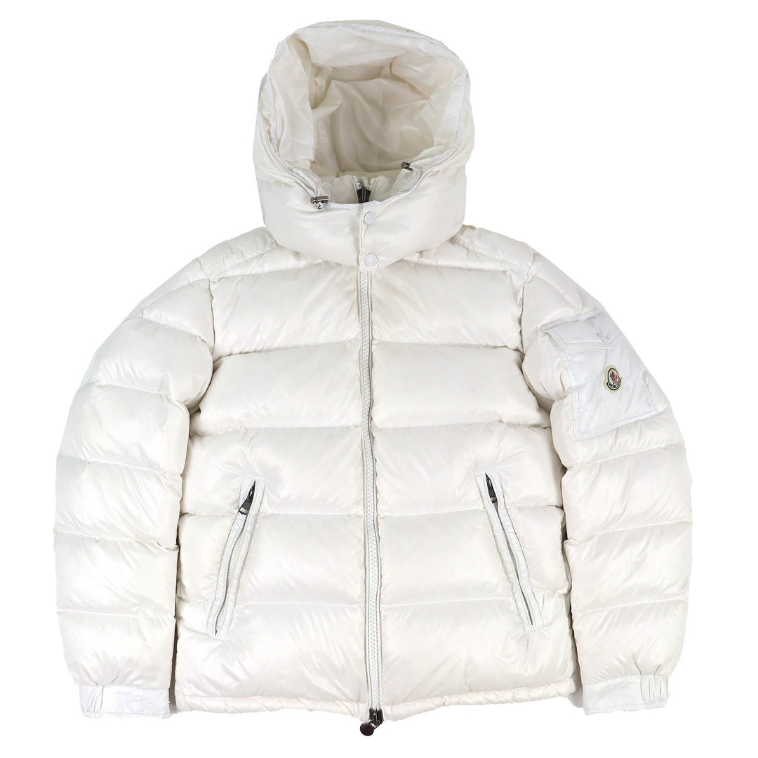 Very Good MONCLER Down jacket MAYA Logo patch, hooded, zip-up jacket white 1