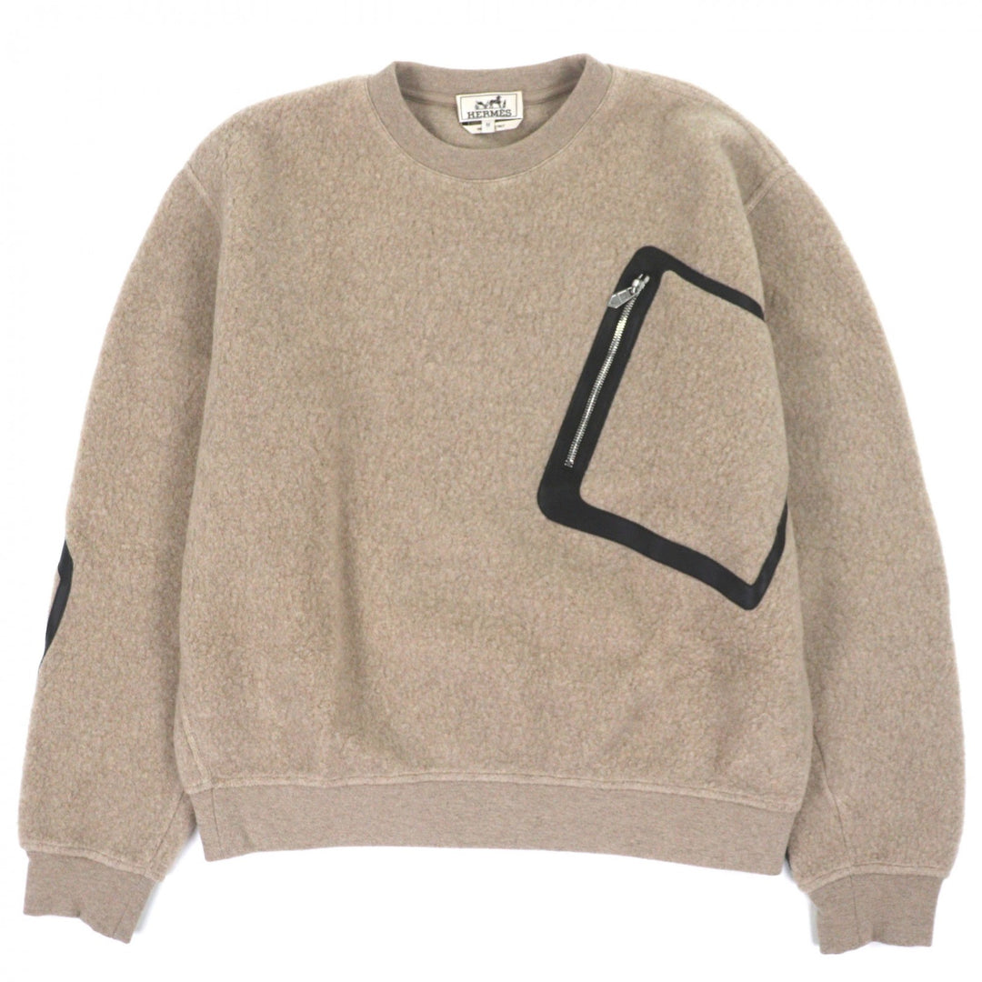 Excellent HERMES sweat Lambskin Leather Crew Neck Pullover beige wool mens M