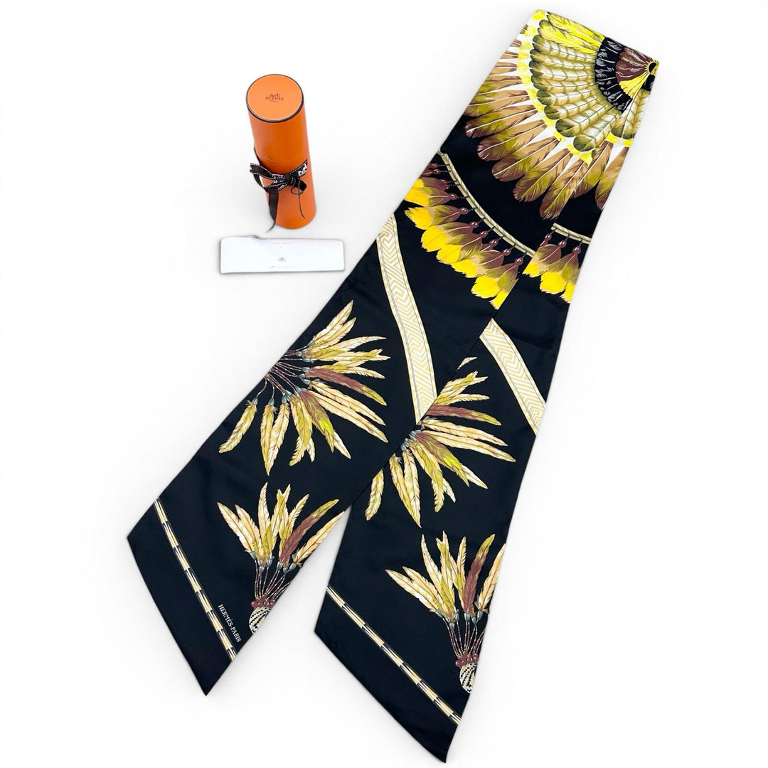 Excellent HERMES scarf Carre Long Maxi Twilly Brazil black silk Women