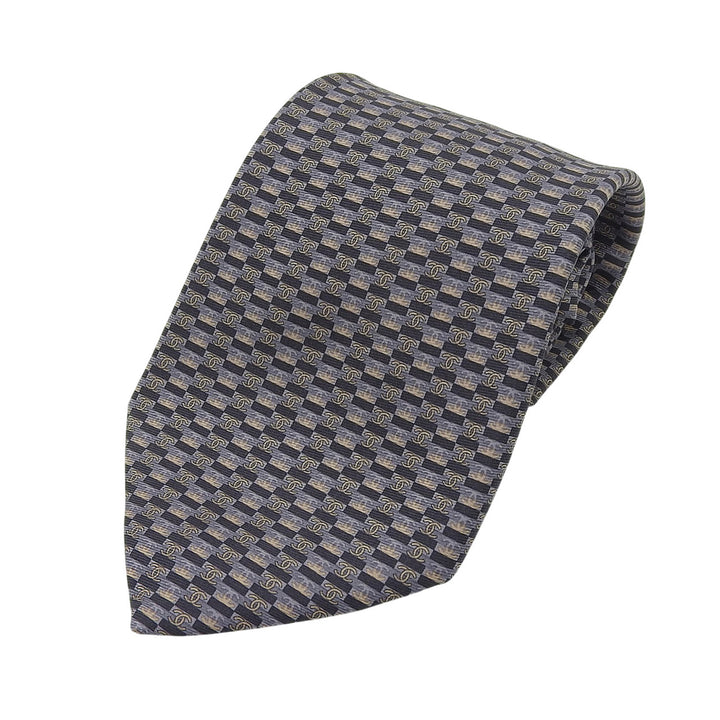 Pristine CHANEL tie COCO MarkPattern all-over print black silk mens