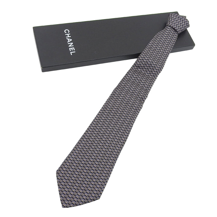 Pristine CHANEL tie COCO MarkPattern all-over print black silk mens