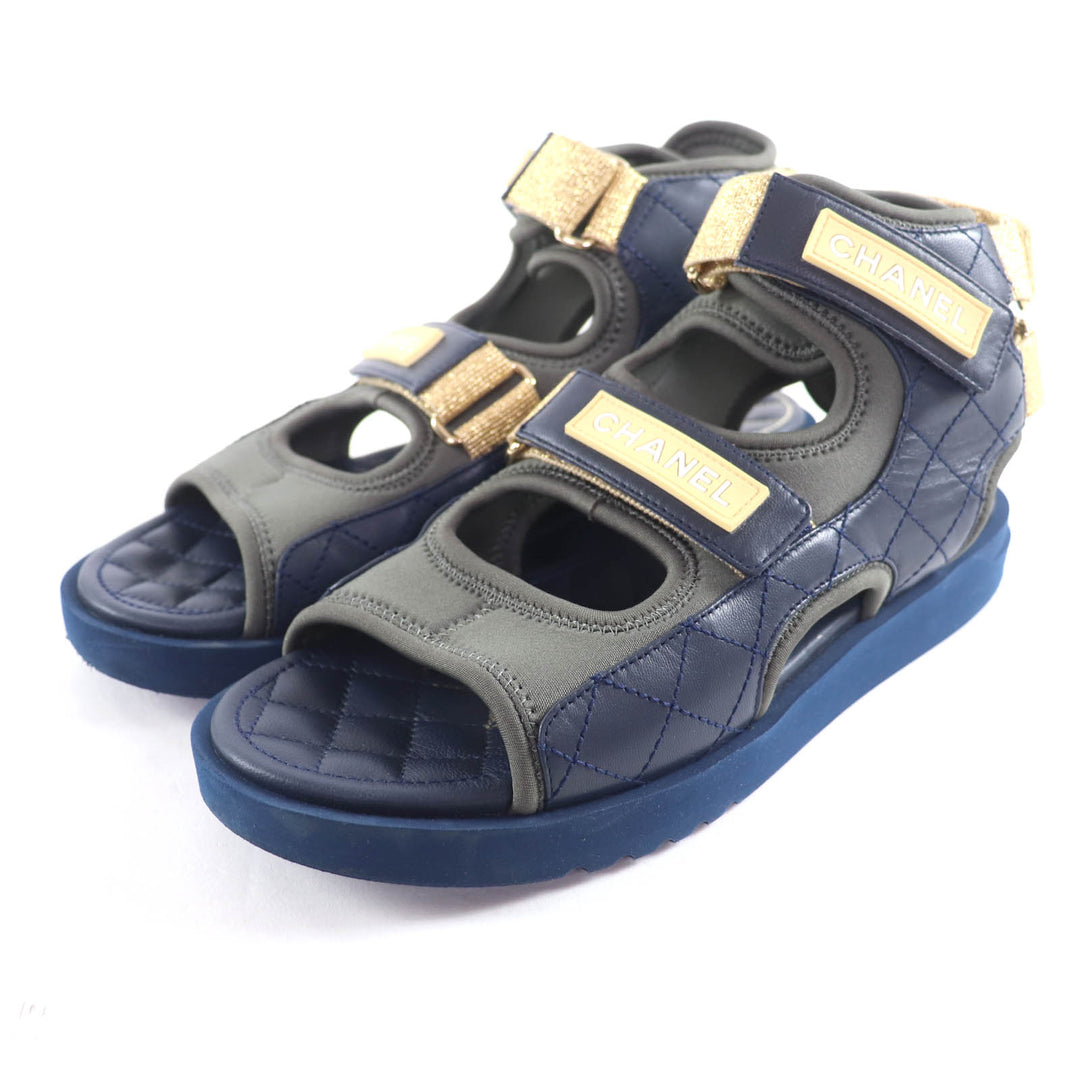 Great CHANEL Sandals COCO Mark Matelassé Fabric Leather khaki 39 G37231
