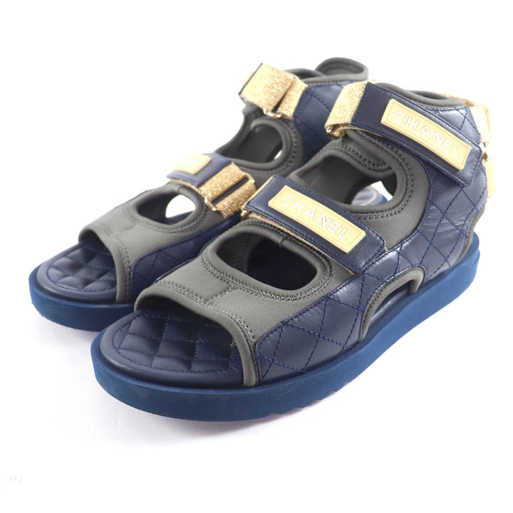 Great CHANEL Sandals COCO Mark Matelassé Fabric Leather khaki 39 G37231