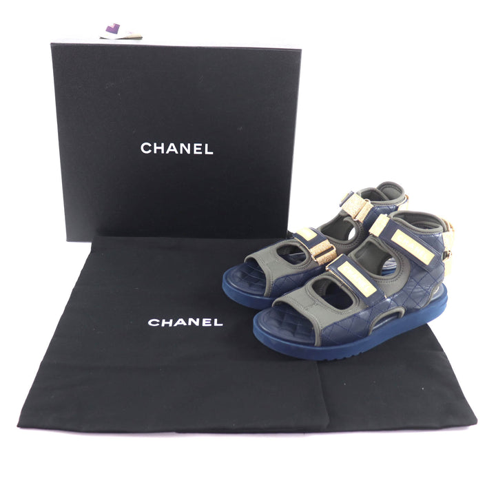 Great CHANEL Sandals COCO Mark Matelassé Fabric Leather khaki 39 G37231