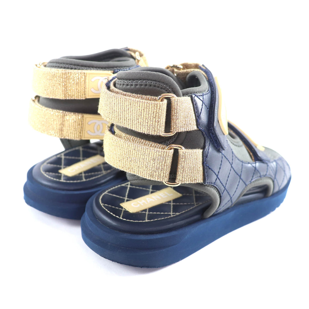 Great CHANEL Sandals COCO Mark Matelassé Fabric Leather khaki 39 G37231