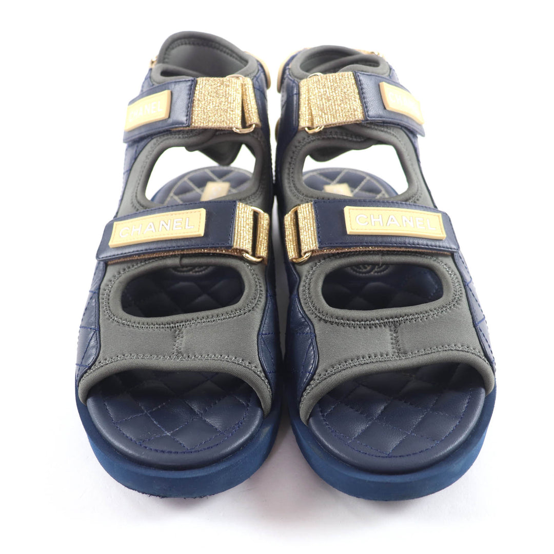 Great CHANEL Sandals COCO Mark Matelassé Fabric Leather khaki 39 G37231