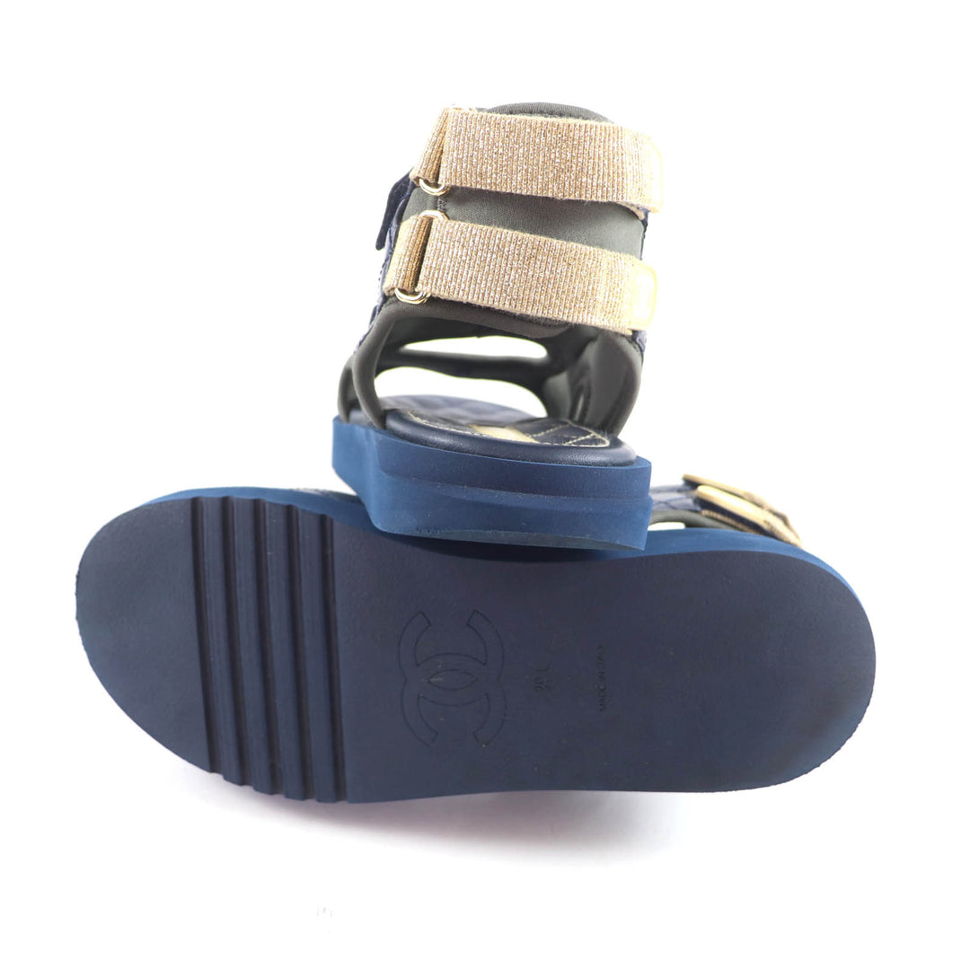 Great CHANEL Sandals COCO Mark Matelassé Fabric Leather khaki 39 G37231