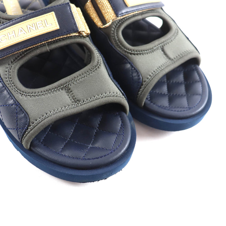 Great CHANEL Sandals COCO Mark Matelassé Fabric Leather khaki 39 G37231
