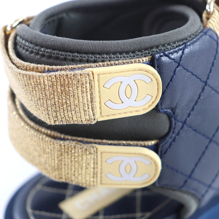Great CHANEL Sandals COCO Mark Matelassé Fabric Leather khaki 39 G37231