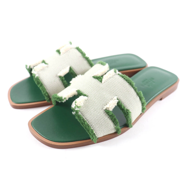 Pristine HERMES Sandals Oran Fringe canvas leather green leather Women 35