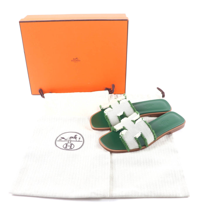 Pristine HERMES Sandals Oran Fringe canvas leather green leather Women 35