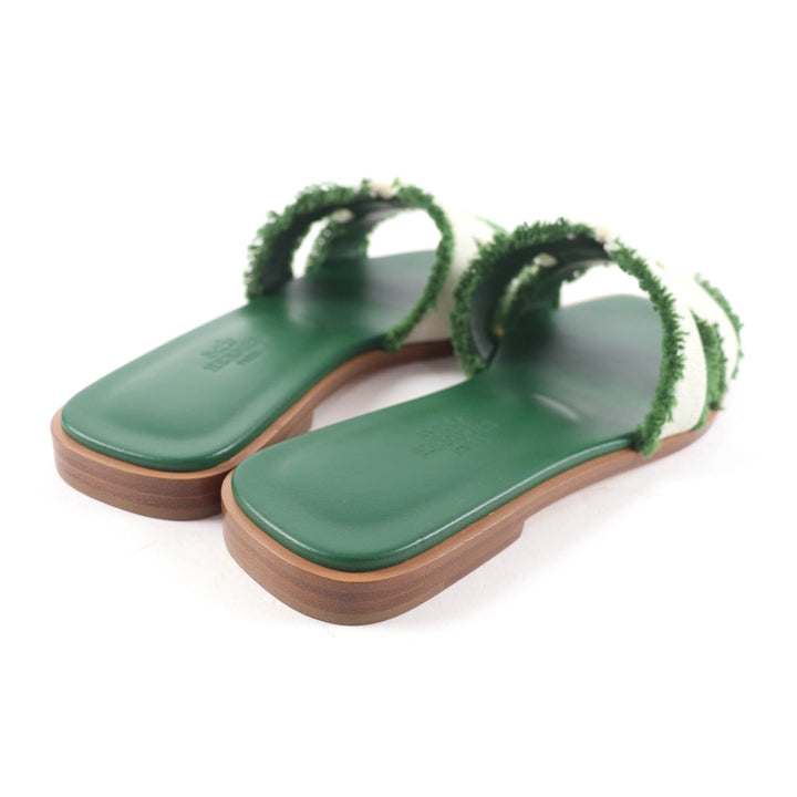 Pristine HERMES Sandals Oran Fringe canvas leather green leather Women 35