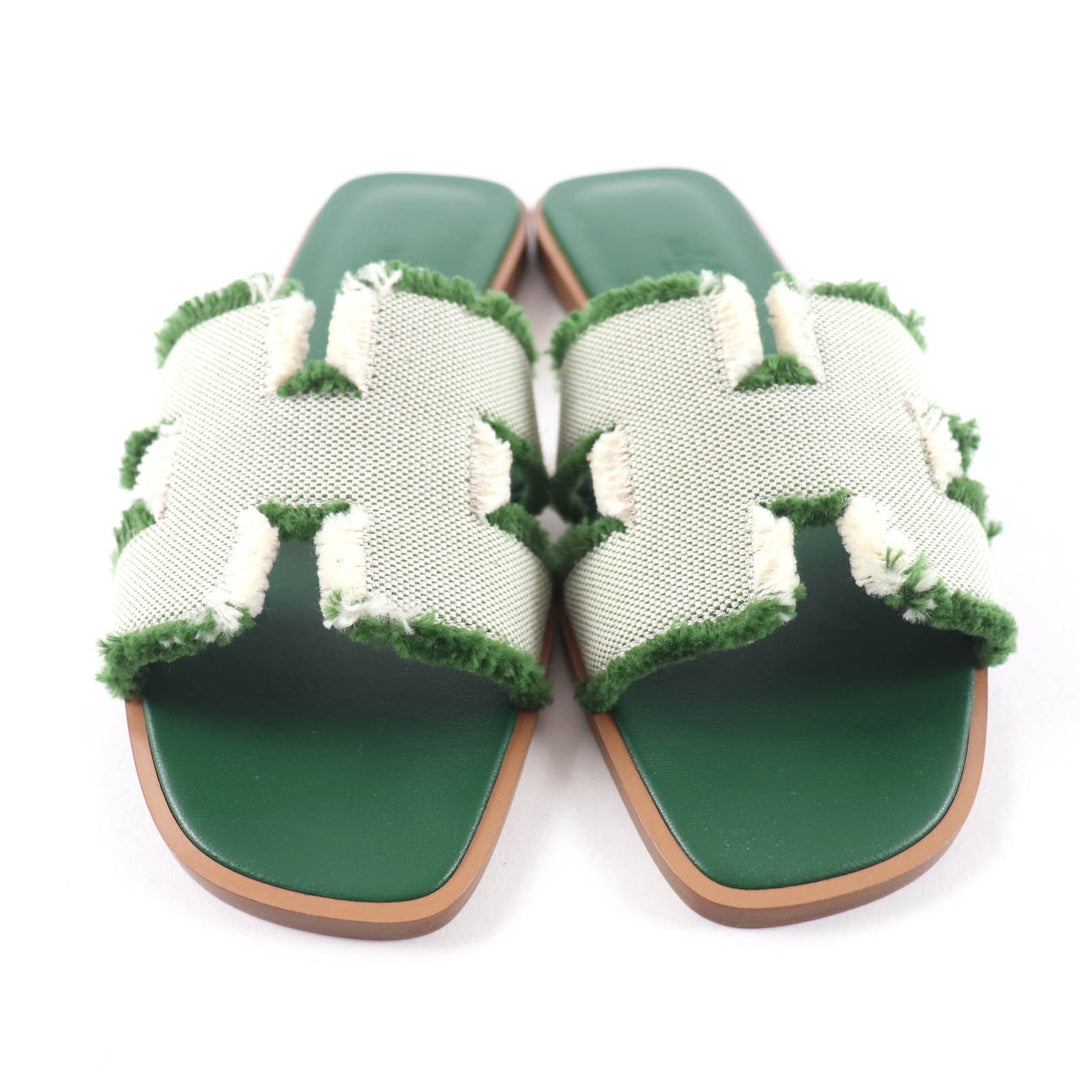 Pristine HERMES Sandals Oran Fringe canvas leather green leather Women 35