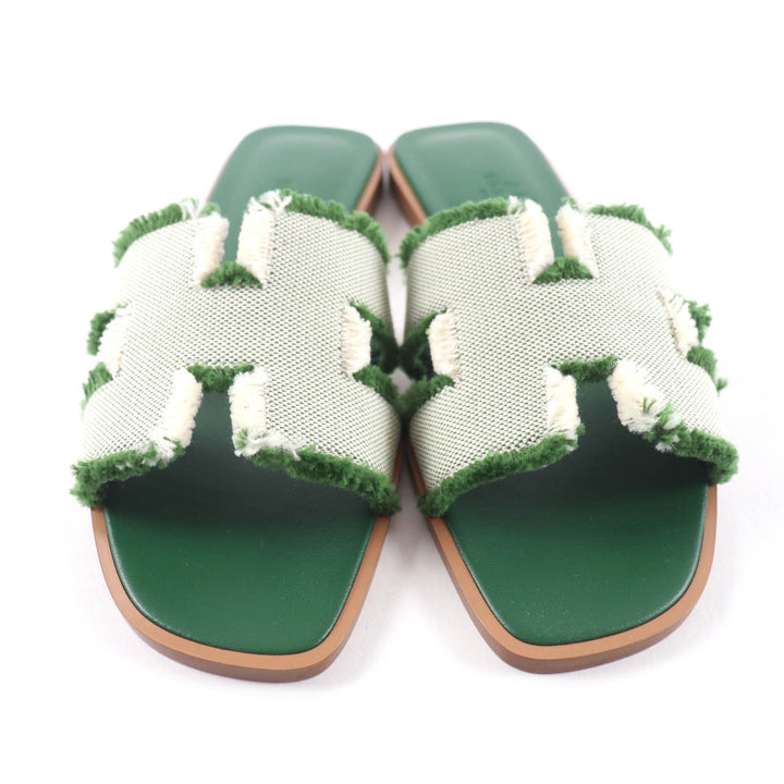 Pristine HERMES Sandals Oran Fringe canvas leather green leather Women 35