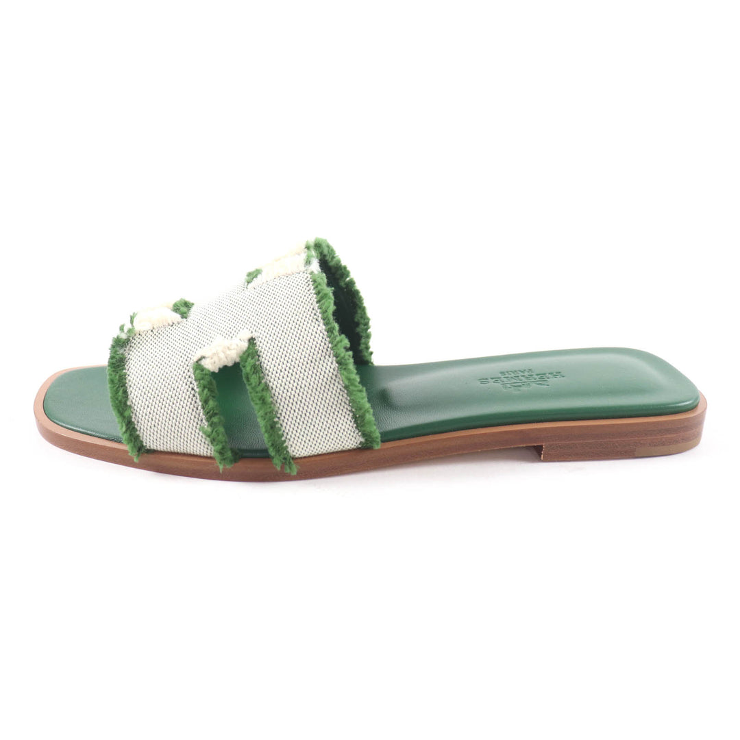 Pristine HERMES Sandals Oran Fringe canvas leather green leather Women 35