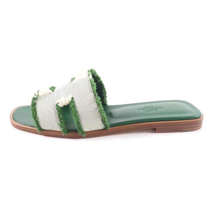 Pristine HERMES Sandals Oran Fringe canvas leather green leather Women 35