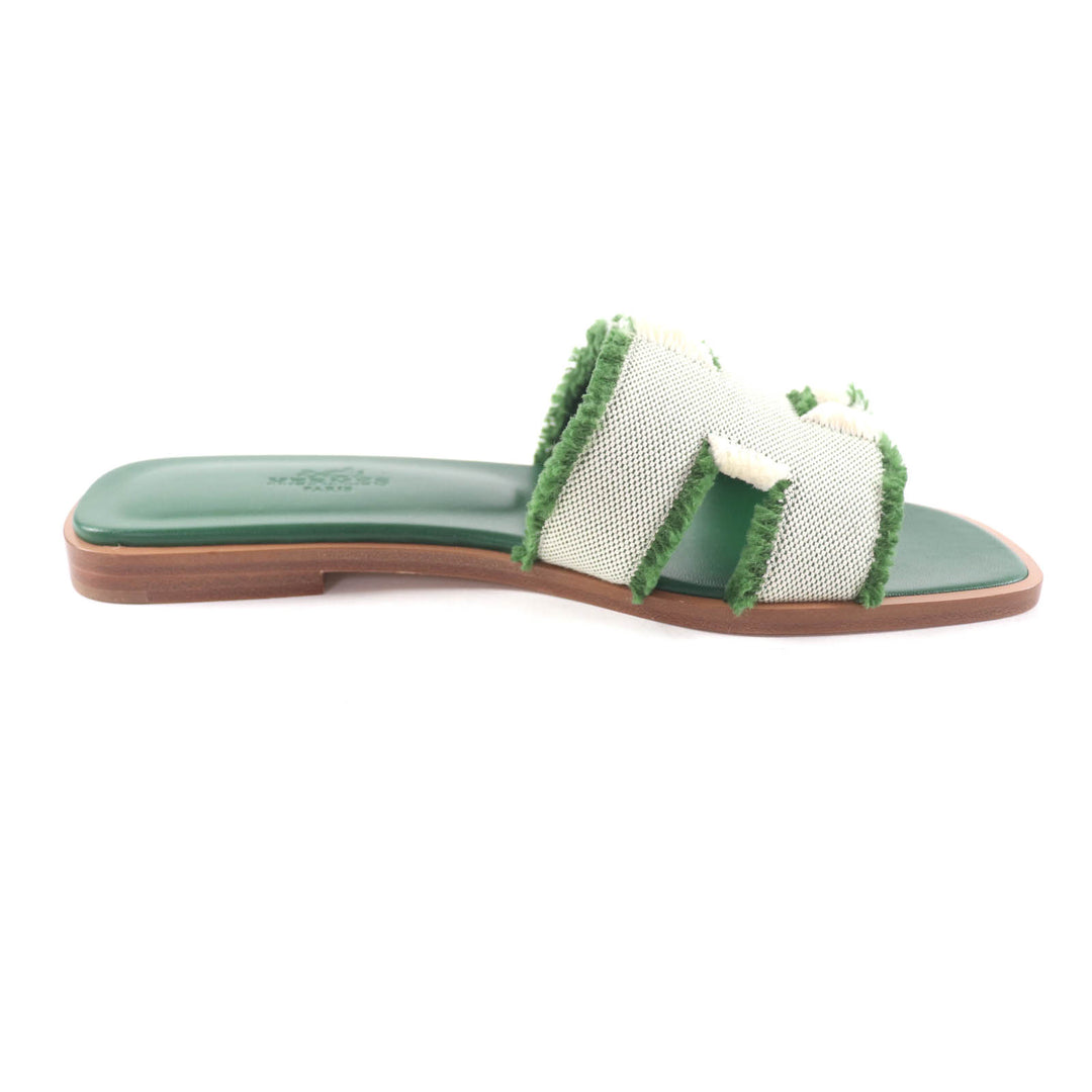 Pristine HERMES Sandals Oran Fringe canvas leather green leather Women 35