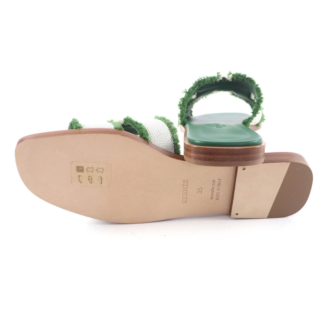 Pristine HERMES Sandals Oran Fringe canvas leather green leather Women 35