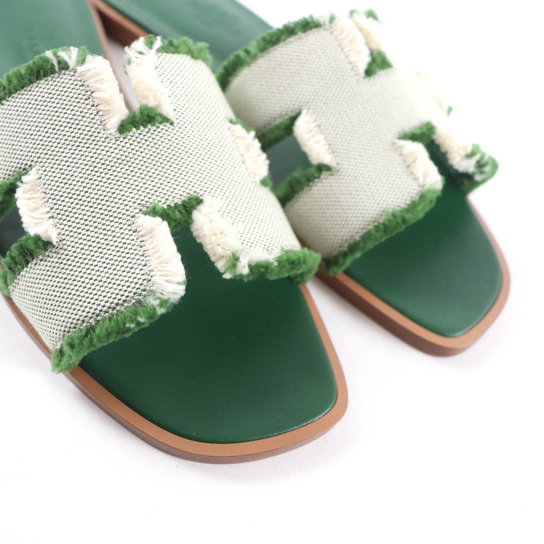 Pristine HERMES Sandals Oran Fringe canvas leather green leather Women 35