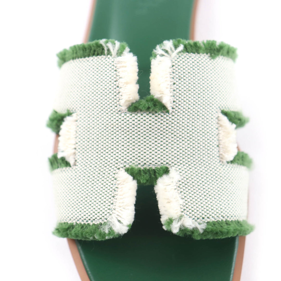 Pristine HERMES Sandals Oran Fringe canvas leather green leather Women 35