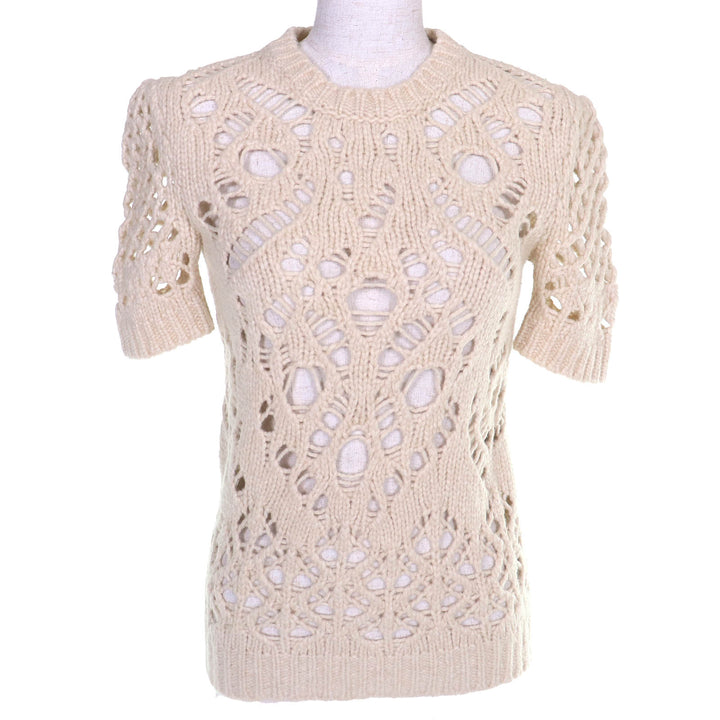 Great Christian Dior Short Sleeve Crochet Knit beige wool Women 40 154S36AM309