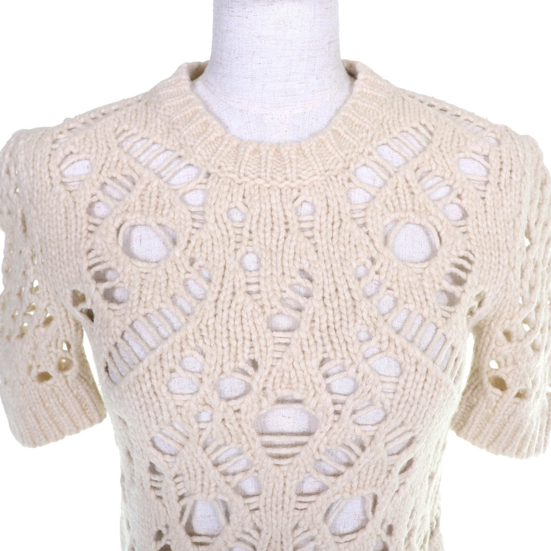 Great Christian Dior Short Sleeve Crochet Knit beige wool Women 40 154S36AM309