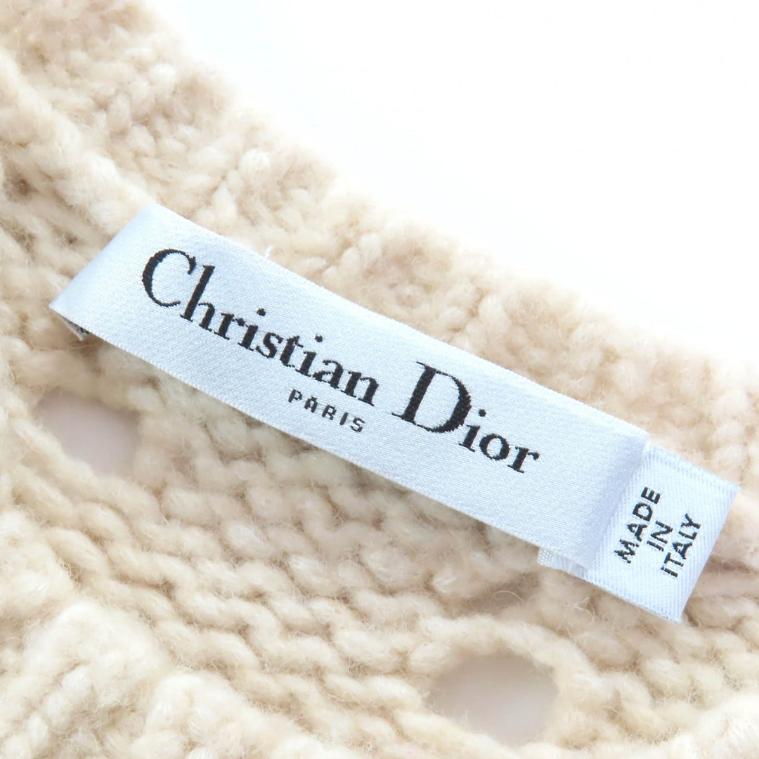 Great Christian Dior Short Sleeve Crochet Knit beige wool Women 40 154S36AM309