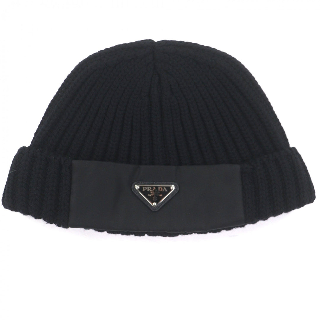 Great PRADA Knit cap black Virgin wool mens L UMD446