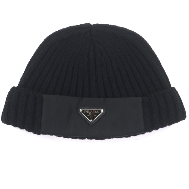 Great PRADA Knit cap black Virgin wool mens L UMD446