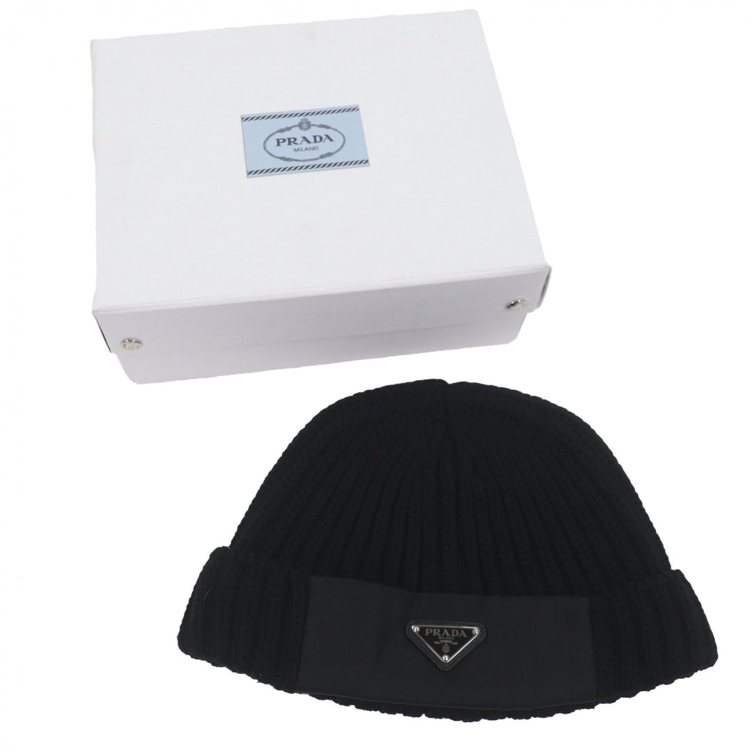 Great PRADA Knit cap black Virgin wool mens L UMD446