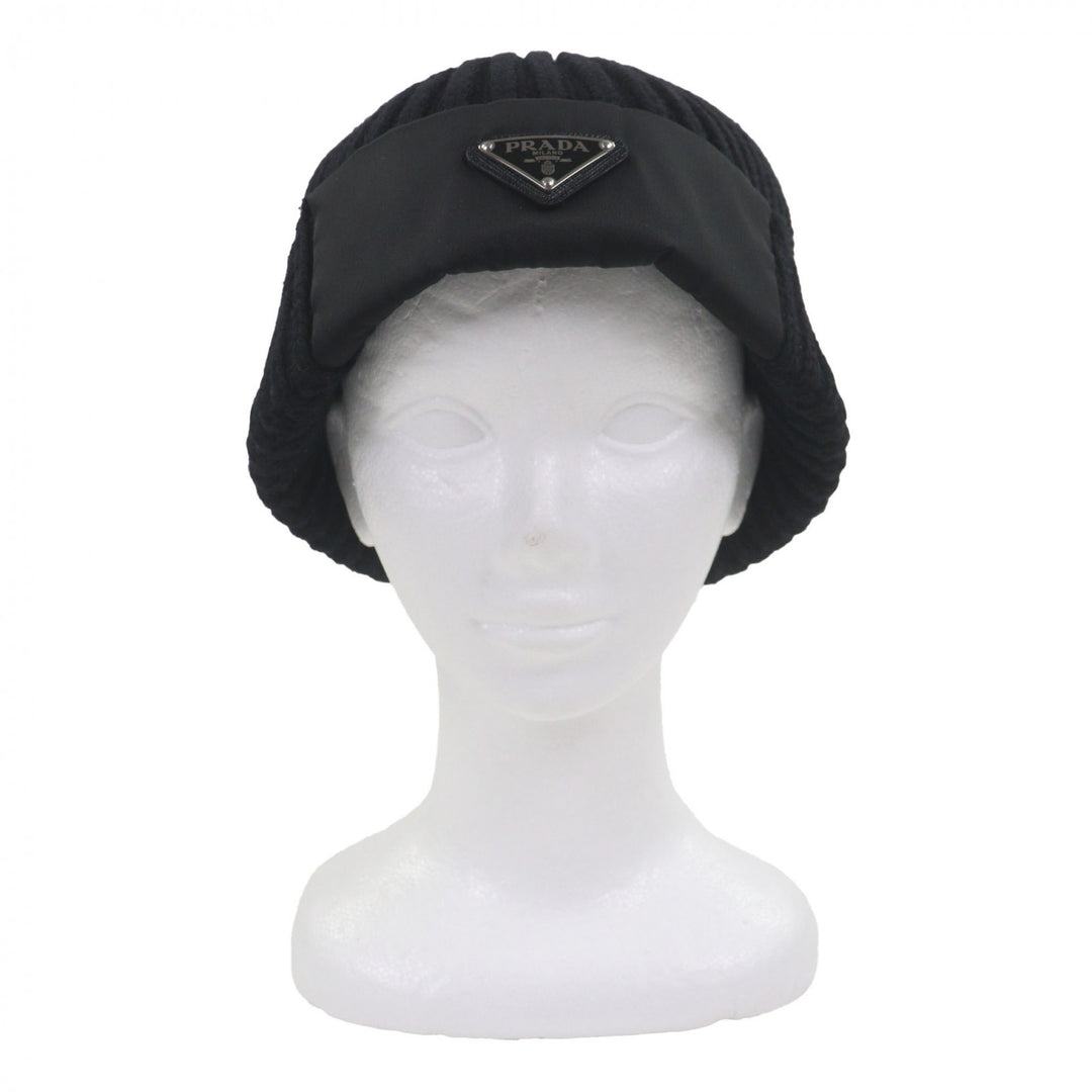 Great PRADA Knit cap black Virgin wool mens L UMD446