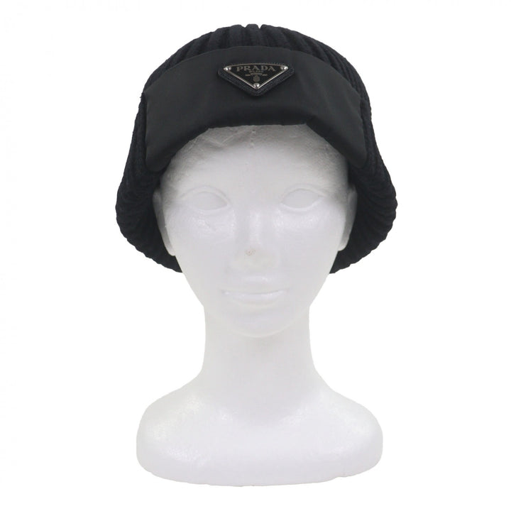 Great PRADA Knit cap black Virgin wool mens L UMD446