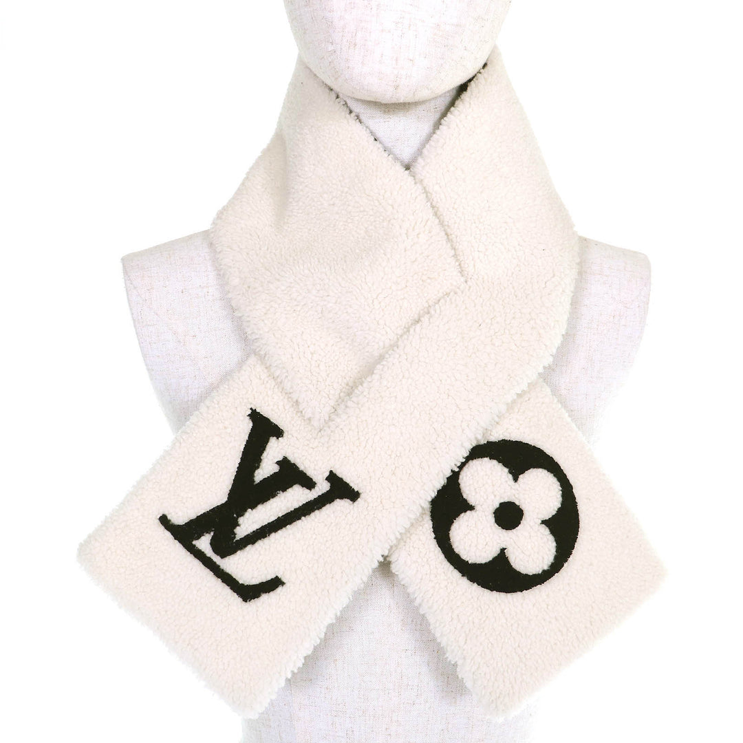 Great LOUIS VUITTON Scarf Echarpe Shirring LV logo shearling mouton Ivory M77054